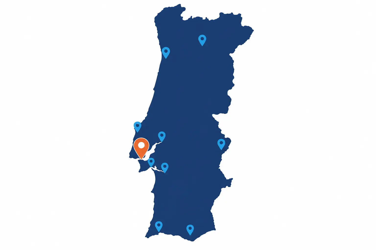 Mapa de Portugal com marcadores da rede de agentes Frontside Seguros: Lisboa (sede, em destaque), Guimarães, Maia/Porto, Aldeia de Paio Pires/Seixal, Elvas, Albufeira, Portimão, Sacavém, Mafra e Moita