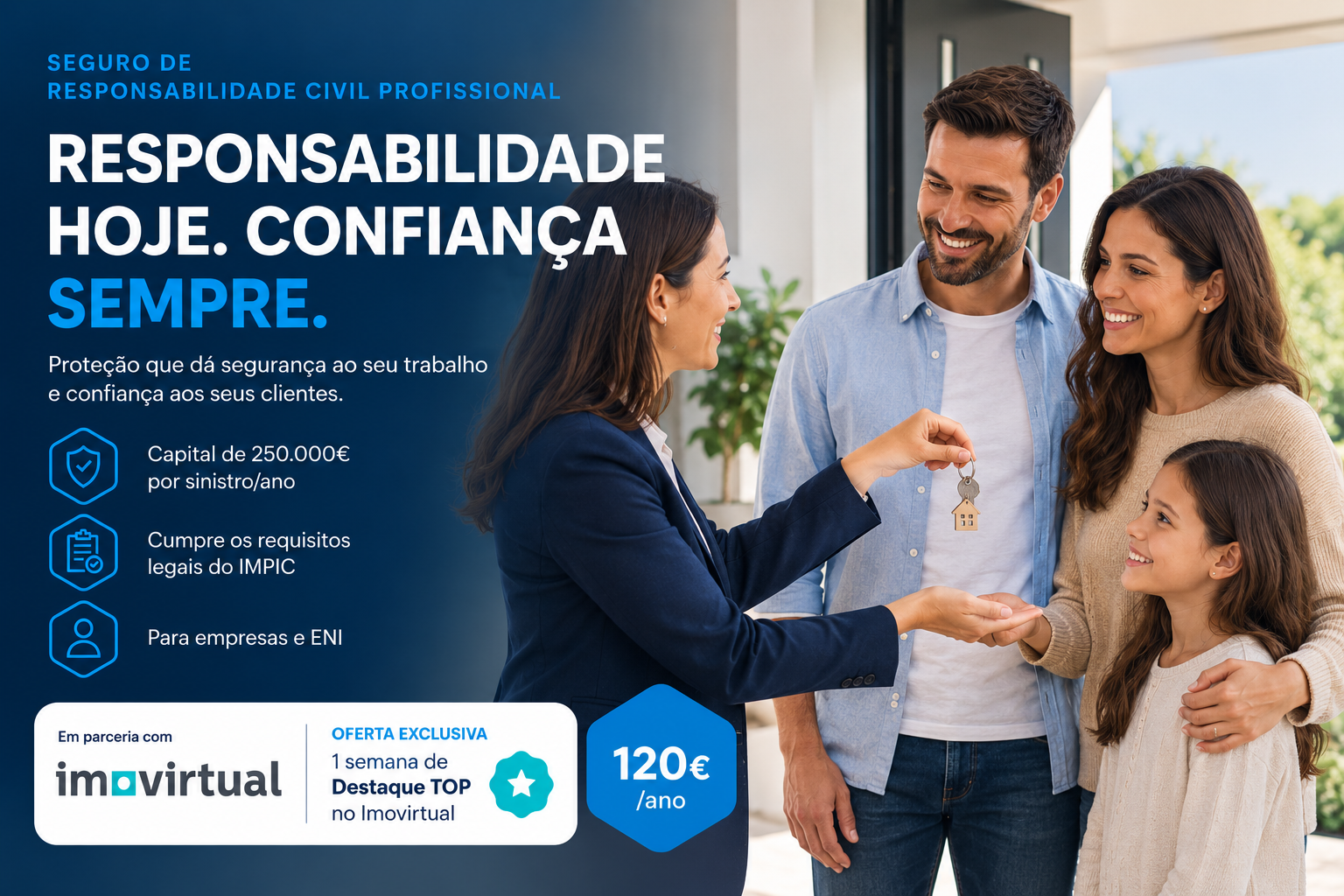 Consultora imobiliária com família feliz à porta de casa, parceria com a Imovirtual