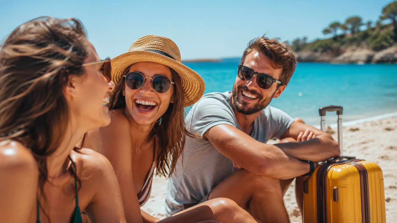 Amigos a rir na praia, de férias